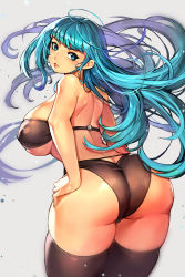 Rule 34 | 1girl, ahoge, aqua eyes, aqua hair, ass, back, bikini, black thighhighs, breasts, butt crack, commentary request, covered erect nipples, cowboy shot, curvy, floating hair, from behind, gurimjang, hand on own hip, highres, huge ahoge, huge breasts, legs together, light purple hair, lips, looking back, multicolored hair, original, red bikini, skindentation, solo, strapless, strapless bikini, swimsuit, thick thighs, thighhighs, thighs, two-tone hair, underboob