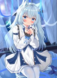 Rule 34 | 1boy, :t, absurdres, animal ears, blue eyes, blue hair, collared dress, commission, curtains, dress, fox boy, fox ears, fox tail, highres, indie virtual youtuber, kanti15, light blue hair, long hair, long sleeves, looking at viewer, pantyhose, pout, puffy long sleeves, puffy sleeves, rucie (vtuber), skeb commission, tail, trap, virtual youtuber, white dress, white pantyhose, window, wing collar
