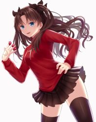 Rule 34 | 1girl, :d, bad id, bad pixiv id, black bow, black skirt, black sweater, black thighhighs, blue eyes, bow, brown hair, cowboy shot, fate/stay night, fate (series), floating hair, hair between eyes, hair bow, hand on own hip, highres, long hair, long sleeves, lq saku, miniskirt, open mouth, pleated skirt, shiny clothes, simple background, skirt, smile, solo, standing, sweater, thighhighs, tohsaka rin, very long hair, white background, zettai ryouiki