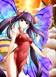 Rule 34 | 00s, 1girl, bun cover, butterfly wings, china dress, chinese clothes, double bun, dress, feather fan, folding fan, hair bun, hamuhamu, hand fan, insect wings, lanhua, long hair, mermaid melody pichi pichi pitch, multicolored wings, navel, orange eyes, purple hair, smile, solo, twintails, wings