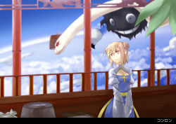 Rule 34 | 1girl, above clouds, arch bishop (ragnarok online), bag, barrel, black eyes, blonde hair, blue dress, box, chinese clothes, choukichi, cleavage cutout, closed mouth, clothing cutout, cloud, colored sclera, commentary request, cowboy shot, demon, double bun, dress, earth (planet), evil snake lord, extra eyes, extra mouth, guan hat, hair between eyes, hair bun, hat, headwear request, looking at another, looking back, mian guan, paintbrush, pillar, pink eyes, planet, plant, ragnarok online, railing, red eyes, red sclera, sash, short hair, sky, smile, snake, standing, translated, white dress, white snake, yellow sash