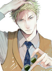 Rule 34 | 1boy, absurdres, blonde hair, blue necktie, brown vest, goggles, green eyes, highres, holding, holding goggles, jujutsu kaisen, long sleeves, looking at viewer, male focus, mamita, nanami kento, necktie, shirt, solo, vest, white background, white shirt