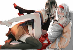 Rule 34 | 10s, 2girls, :o, between legs, black hair, black legwear, blue eyes, clothes down, collarbone, covering privates, covering chest, crying, hand between legs, hand on another&#039;s face, kantai collection, legs up, unworn legwear, long hair, multiple girls, no panties, off shoulder, one eye closed, open mouth, partially undressed, pillow, shoukaku (kancolle), shuu-0208, sitting, sketch, skirt, thighhighs, twintails, wariza, white hair, yuri, zettai ryouiki, zuikaku (kancolle)