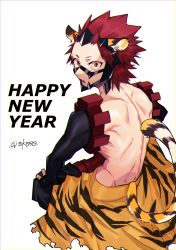 Rule 34 | 1boy, animal ears, animal print, text background, bare back, boku no hero academia, costume, detached sleeves, fingerless gloves, gloves, groin, happy new year, headgear, highres, kirishima eijirou, looking at viewer, looking back, male focus, new year, no shirt, red hair, short hair, sitting, solo, spiked hair, tai kusu, tail, tiger ears, tiger print, tiger tail, toned, toned male, twitter username, white background, aged down