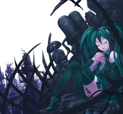 Rule 34 | detached sleeves, closed eyes, green hair, hatsune miku, headphones, long hair, own hands clasped, own hands together, sitting, skirt, solo, thighhighs, torigoe takumi, twintails, vocaloid, zettai ryouiki