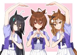 Rule 34 | 3girls, absurdres, agnes tachyon (umamusume), ahoge, animal ears, black hair, blush, border, brown hair, closed mouth, commentary request, earrings, grin, hair between eyes, heart, heart arms duo, heart hands, highres, horse ears, horse girl, horse tail, jewelry, jungle pocket (umamusume), long hair, looking at viewer, manhattan cafe (umamusume), medium hair, messy hair, multicolored hair, multiple girls, notched ear, pink background, pleated skirt, puffy short sleeves, puffy sleeves, purple shirt, red eyes, ryochapu, school uniform, shirt, short hair, short sleeves, simple background, single earring, skirt, smile, streaked hair, summer uniform, tail, thought bubble, tracen school uniform, umamusume, v, white border, white hair, white skirt, yellow eyes