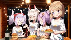 Rule 34 | 4girls, :d, alternate hair length, alternate hairstyle, ame., animal ears, ayanami (azur lane), azur lane, black ribbon, blush, bottle, bow, breasts, christmas lights, clenched hands, closed eyes, commentary request, copyright name, crown, food, green eyes, hair between eyes, hair bow, hair ornament, hair ribbon, hairband, hand up, headgear, holding, holding bottle, holding tray, javelin (azur lane), laffey (azur lane), light brown hair, matching outfits, mini crown, multiple girls, night, night sky, open mouth, parted lips, ponytail, purple eyes, purple hair, rabbit ears, red bow, red eyes, red hairband, ribbon, round teeth, shirt, short sleeves, sidelocks, silver hair, sky, small breasts, smile, star (sky), starry sky, string of light bulbs, teeth, tray, upper teeth only, white shirt, z23 (azur lane)