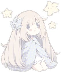 Rule 34 | 1girl, blanket, blonde hair, blue bow, blue choker, blue eyes, blush, blush stickers, bow, brown eyes, chibi, choker, closed mouth, commentary, covering with blanket, dress, english commentary, eyelashes, frilled bow, frilled dress, frills, hair bow, kneeling, layered dress, littlebluemuffin, long hair, looking at another, looking up, messy hair, night, open mouth, original, outline, short dress, sidelocks, smile, solid oval eyes, star (symbol), star print, transparent background, very long hair, white dress, white outline