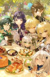 Rule 34 | 3boys, 4girls, :t, absurdres, aether (genshin impact), blonde hair, blush, braid, chicken (food), closed eyes, closed mouth, commentary request, cross-shaped pupils, cup, drink, facing viewer, food, food in mouth, food request, genshin impact, glass, green eyes, green hair, hair ornament, head rest, highres, holding, holding cup, holding drink, japanese clothes, kimono, leaf hair ornament, long hair, looking at viewer, lumine (genshin impact), multiple boys, multiple girls, nahida (genshin impact), paimon (genshin impact), parted lips, plate, purple eyes, purple hair, purple kimono, raiden shogun, scarf, short hair, side ponytail, sidelocks, smile, symbol-shaped pupils, table, utsuhostoria, venti (genshin impact), white hair, white scarf, yellow eyes, zhongli (genshin impact)