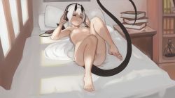 Rule 34 | 1girl, barefoot, bed, black ribbon, book, book stack, breasts, closed mouth, convenient leg, demon horns, demon tail, closed eyes, feet, hair ribbon, headphones, highres, horns, indoors, lying, nipples, nude, on back, on bed, original, paintrfiend, pillow, ribbon, shelf, small breasts, smile, solo, tail, toes, white hair