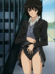 Rule 34 | 1girl, amagami, black hair, black one-piece swimsuit, blazer, blouse, breast pocket, collared shirt, competition swimsuit, highres, jacket, nanasaki ai, non-web source, one-piece swimsuit, pocket, railing, school uniform, screencap, shirt, short hair, solo, stairs, stitched, swimsuit, swimsuit under clothes, thighs, third-party edit, v-neck, white shirt