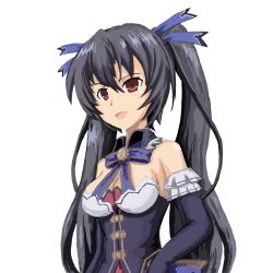 Rule 34 | 10s, 1girl, bare shoulders, black hair, breasts, cleavage, hair ornament, highres, kmd, long hair, looking at viewer, neptune (series), noire (neptunia), open mouth, red eyes, ribbon, smile, solo, twintails, very long hair
