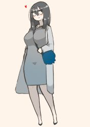 Rule 34 | 1girl, absurdres, between breasts, blue bag, breasts, coat, cocoa fuumi, dress, full body, grey dress, hair between eyes, heart, highres, looking to the side, original, rinko-san (cocoa fuumi), simple background, solo, strap between breasts, white background, white coat