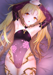 Rule 34 | 1girl, absurdres, armlet, armor, armpits, arms up, artist request, bad id, bad pixiv id, bare shoulders, bikini armor, blonde hair, blush, bracelet, breasts, collar, cosplay, detached sleeves, dress, earrings, ereshkigal (fate), fate/grand order, fate (series), floral print, highres, jewelry, kama (fate), kama (fate) (cosplay), kama (second ascension) (fate), long hair, looking at viewer, lying, medium breasts, metal collar, on back, open mouth, orange eyes, parted bangs, pelvic curtain, purple dress, purple sleeves, thighlet, thighs, two side up
