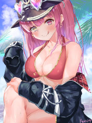 Rule 34 | 1girl, :q, absurdres, bare shoulders, bikini, black headwear, black jacket, blush, breasts, cleavage, crossed legs, hair down, halterneck, heterochromia, highres, hololive, hood, hooded jacket, houshou marine, houshou marine (summer), jacket, large breasts, long hair, looking at viewer, open clothes, open jacket, palm tree, red bikini, red eyes, red hair, reitou mkn, sitting, sleeves past fingers, sleeves past wrists, smile, solo, straight hair, string bikini, summer, swimsuit, tongue, tongue out, tree, tropical, virtual youtuber, yellow eyes