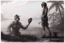 Rule 34 | 10s, 1boy, 1girl, ammonite, beach, bucket, casual, clam digging, cloud, cloudy sky, dai toro, fubuki (kancolle), greyscale, hand in pocket, hat, holding, horizon, kantai collection, long hair, low ponytail, manly, monochrome, shorts, shovel, sky, soldier, sweater, topless, tree, worktool