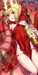 Rule 34 | 1girl, absurdres, akirannu, bare shoulders, blonde hair, braid, breasts, chalice, collarbone, commentary request, crown, cup, dragon tail, dress, elbow gloves, facial mark, fate/grand order, fate (series), french braid, gloves, hair bun, hair intakes, hair ribbon, highres, long hair, looking at viewer, nero claudius (fate), nero claudius (fate) (all), open mouth, pelvic curtain, pointy ears, queen draco (fate), queen draco (first ascension) (fate), red dress, red eyes, red ribbon, ribbon, scales, single glove, small breasts, solo, tail, thighs, white gloves
