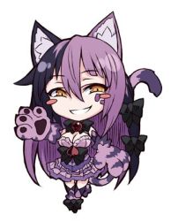Rule 34 | 1girl, animal ear fluff, animal ears, animal hands, bare shoulders, bell, black hair, blush, blush stickers, bow, breasts, cat ears, cat paws, cat tail, cheshire cat (monster girl encyclopedia), chibi, full body, fur, hair bow, kenkou cross, long hair, looking at viewer, lowres, medium breasts, monster girl, monster girl encyclopedia, monster girl encyclopedia ii, multicolored hair, official art, purple hair, simple background, smile, solo, tail, tail raised, thighhighs, white background