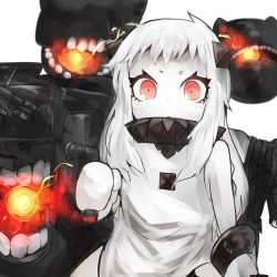 Rule 34 | 10s, 1girl, abyssal ship, bad id, bad twitter id, cannon, colored skin, dress, gloves, horns, itomugi-kun, kantai collection, long hair, machinery, mittens, monster, northern ocean princess, open mouth, pale skin, red eyes, solo, teeth, turret, white dress, white hair, white mittens, white skin