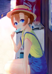 Rule 34 | 10s, 1girl, alternate hairstyle, animal, arm at side, arm support, artist name, blue eyes, blue shorts, blush, bow, bra strap, breasts, casual, cat, chain-link fence, coca-cola, day, eating, fence, food, from side, hair between eyes, hair bun, hat, hat ribbon, holding, holding food, kosaka honoka, looking at viewer, love live!, love live! school idol project, marshall (wahooo), orange hair, outdoors, popsicle, product placement, red bow, ribbon, shirt, short hair, short sleeves, shorts, single hair bun, sitting, small breasts, solo, straw hat, suspender shorts, suspenders, suspenders slip, t-shirt, vending machine, wall, yellow shirt
