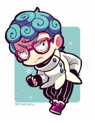 Rule 34 | 1boy, angry, black gloves, black pants, blue hair, border, chibi, chibi only, full body, ghiaccio, glasses, gloves, grimace, jojo no kimyou na bouken, kotorai, looking at viewer, male focus, no nose, pants, red-framed eyewear, red footwear, shirt, short hair, signature, solo, striped clothes, striped pants, vertical-striped clothes, vertical-striped pants, white border, white shirt