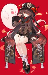 Rule 34 | 1girl, arm support, black coat, black hair, black shorts, chinese clothes, coat, coattails, collared coat, fang, flower, genshin impact, ghost, hair between eyes, hand up, hat, highres, hu tao (genshin impact), long hair, looking at viewer, mamuru, open mouth, plum blossoms, porkpie hat, red background, red eyes, red hair, short shorts, shorts, sitting, skin fang, smile, socks, solo, tassel, thighs, very long hair, white socks