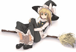 Rule 34 | 1girl, broom, female focus, full body, gradient background, hat, kirisame marisa, mieharu, sitting, solo, touhou, white background, witch, witch hat