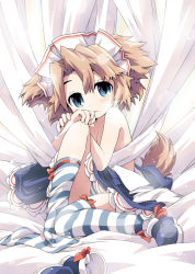Rule 34 | 1girl, animal ears, blue eyes, brown hair, clothes pull, dog tail, dress, dress pull, female focus, flat chest, ham (points), maid, maid headdress, original, panties, shoes, short hair, single shoe, sock pull, solo, striped clothes, striped panties, striped thighhighs, tail, thighhighs, underwear, undressing
