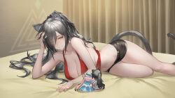 Rule 34 | 1girl, absurdres, animal ear fluff, arknights, arm rest, black hair, black shorts, breast rest, breasts, camisole, ceylon (arknights), character doll, cleavage, closed mouth, collarbone, curtains, facing viewer, foot out of frame, hair over one eye, head rest, highres, indoors, large breasts, long hair, looking at object, lying, narrow waist, navel, on bed, on side, panther ears, panther girl, panther tail, red camisole, schwarz (arknights), shorts, solo, thighs, yellow eyes, yiyanbanshengchou
