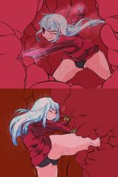 Rule 34 | 1girl, anamochi, ass, blue hair, breasts, comic, female focus, gloves, kula diamond, monster, panties, red eyes, snk, solo, the king of fighters, underwear, vore