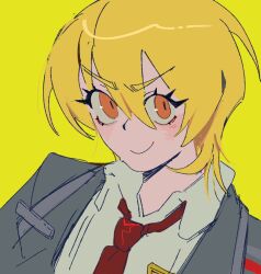 Rule 34 | &gt;:), 1girl, black coat, black vest, blonde hair, closed mouth, coat, collared shirt, don quixote (project moon), limbus company, looking at viewer, necktie, official art, project moon, red necktie, shirt, short hair, simple background, smile, solo, v-shaped eyebrows, vellmori, vest, white shirt, yellow background