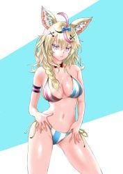Rule 34 | 1girl, absurdres, animal ears, armband, bikini, blonde hair, braid, breasts, choker, contrapposto, facial mark, hair antennae, hair between eyes, heart, heart-shaped pupils, highres, hololive, looking at viewer, multicolored hair, navel, omaru polka, shiny skin, simple background, solo, swimsuit, symbol-shaped pupils, virtual youtuber