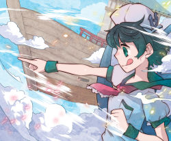 Rule 34 | 1girl, black hair, cloud, female focus, flying, green eyes, hat, inuinui, murasa minamitsu, outstretched arms, palanquin ship, pointing, puffy sleeves, ship, short hair, short sleeves, sky, solo, tongue, touhou, watercraft, wristband
