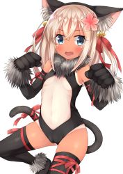 Rule 34 | 1girl, absurdres, animal ears, arm ribbon, bare shoulders, bell, black gloves, black leotard, black thighhighs, blonde hair, blue eyes, blush, bodysuit, breasts, cameltoe, cat ears, cat tail, center opening, cosplay, dangeroes beast (illya), elbow gloves, fate/kaleid liner prisma illya, fate (series), flower, fur trim, gloves, go-1, groin, hair bell, hair between eyes, hair flower, hair ornament, hair ribbon, hands up, highres, illyasviel von einzbern, illyasviel von einzbern (cosplay), jingle bell, kantai collection, kemonomimi mode, leg lift, leg ribbon, legs apart, leotard, long hair, looking at viewer, navel, official alternate costume, one-piece tan, open mouth, parted bangs, paw pose, red ribbon, ribbon, ribs, ro-500 (kancolle), simple background, small breasts, solo, tail, tail ornament, tail ribbon, tan, tanline, thigh ribbon, thighhighs, wavy mouth, white background, white hair