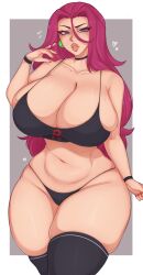 Rule 34 | 1girl, blue eyes, breasts, choker, collarbone, creatures (company), curvy, earrings, female focus, game freak, heart, highres, huge breasts, jessie (pokemon), jewelry, long hair, looking at viewer, mole, mole on breast, nail polish, navel, nintendo, panties, parted lips, pink hair, pokemon, pokemon (anime), skindentation, solo, spookiebuni, thick lips, thick thighs, thighhighs, thighs, underwear, wide hips