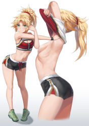 Rule 34 | 1girl, armpits, arms up, ass, black shorts, blonde hair, blush, braid, breasts, clothes lift, commentary request, convenient censoring, crop top, dolphin shorts, fate/apocrypha, fate (series), full body, green eyes, grey sports bra, hair ornament, hair scrunchie, half up braid, highres, long hair, looking at viewer, mordred (fate), mordred (fate/apocrypha), multiple views, navel, parted bangs, ponytail, red scrunchie, red shirt, revision, scrunchie, shirt, short shorts, shorts, sidelocks, small breasts, smile, sports bra, sports bra lift, stretching, toned, tonee, two-tone shirt, white shirt