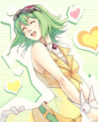 Rule 34 | 1girl, bare shoulders, closed eyes, goggles, goggles on head, green hair, gumi, heart, mahenbu, open mouth, skirt, smile, solo, spoken heart, vest, vocaloid, wrist cuffs