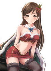 Rule 34 | 1girl, arms behind back, bare arms, bare shoulders, black thighhighs, blue bow, blush, bow, breasts, brown eyes, brown hair, cape, cleavage, collarbone, detached collar, fur-trimmed cape, fur collar, fur trim, green cape, hair bow, idolmaster, idolmaster cinderella girls, long hair, medium breasts, miniskirt, nannacy7, navel, nitta minami, red bow, red skirt, simple background, skirt, solo, stomach, strapless, tareme, thighhighs, white background, zettai ryouiki