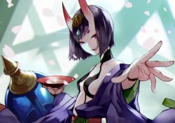 Rule 34 | 1girl, alcohol, bare shoulders, blurry, blurry background, bob cut, breasts, choker, collarbone, commentary request, cup, eyeliner, fang, fate/grand order, fate (series), gem, glint, hands up, head tilt, headpiece, highres, holding, holding cup, horns, japanese clothes, kimono, long sleeves, looking at viewer, looking to the side, makeup, off shoulder, oni, open clothes, open kimono, outstretched arm, outstretched hand, petals, purple eyes, purple hair, purple kimono, revealing clothes, sakazuki, sake, sash, short eyebrows, short hair, shuten douji (fate), skin-covered horns, small breasts, smile, solo, upper body, yoshio (55level)