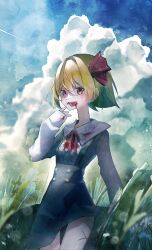 Rule 34 | 1girl, absurdres, blonde hair, blood, blood on clothes, blood on face, cloud, cloudy sky, commentary request, hair ribbon, highres, jigsaw paru, long sleeves, looking at viewer, neck ribbon, open mouth, outdoors, red eyes, red ribbon, ribbon, rumia, short hair, sky, smile, solo, tongue, touhou