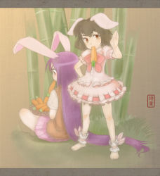 Rule 34 | 2girls, adapted costume, animal ears, ankle cuffs, bamboo, bamboo forest, barefoot, basket, brown hair, carrot, female focus, forest, highres, inaba tewi, long hair, mouth hold, multiple girls, nature, note-takahashi, purple hair, rabbit ears, reisen udongein inaba, short hair, sitting, standing, takahashi note, touhou, very long hair