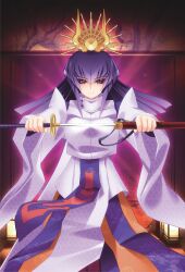 Rule 34 | 1girl, absurdres, bou (inubou), hair ornament, highres, holding, holding sword, holding weapon, japanese clothes, katana, kimono, koubuin yuuhi, looking at viewer, muv-luv, muv-luv alternative, official art, ponytail, purple eyes, purple hair, sheath, solo, sword, weapon, white kimono, wide sleeves
