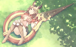 Rule 34 | 1girl, animal ears, boots, breasts, brown gloves, brown hair, day, erune, gloves, granblue fantasy, hair ornament, high heel boots, high heels, huge weapon, knee boots, knees together feet apart, la coiffe (granblue fantasy), leaf hair ornament, long hair, looking at viewer, lying, medium breasts, miniskirt, on back, one eye closed, open mouth, outdoors, oversized object, poru (naasan), puffy short sleeves, puffy sleeves, scissors, shadow, short sleeves, skirt, solo, weapon