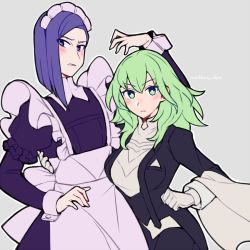 Rule 34 | 1boy, 1girl, alternate costume, artist name, blunt ends, blush, breasts, butler, byleth (female) (fire emblem), byleth (fire emblem), commentary request, crossdressing, do m kaeru, female butler, fire emblem, fire emblem: three houses, gloves, green eyes, green hair, grey background, hair between eyes, large breasts, long sleeves, looking at viewer, lorenz hellman gloucester, maid, maid headdress, matching hair/eyes, medium breasts, nintendo, purple eyes, purple hair, simple background, standing, watermark, white gloves, wrist cuffs