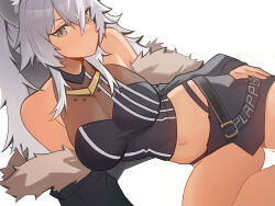 Rule 34 | 1girl, animal ears, bare shoulders, black jacket, black shirt, black skirt, breasts, cleavage, closed mouth, commentary, crop top, distr, fur-trimmed jacket, fur trim, grey eyes, grey hair, hair between eyes, highres, hololive, jacket, large breasts, lion ears, lion girl, looking at viewer, midriff, miniskirt, navel, off shoulder, panty straps, see-through, see-through cleavage, shirt, shishiro botan, shishiro botan (1st costume), simple background, skirt, sleeveless, sleeveless shirt, solo, virtual youtuber, white background