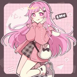 Rule 34 | :q, animal bag, black skirt, blush, boots, character name, closed mouth, grey footwear, hair ornament, hands on own cheeks, hands on own face, jacket, jumping, long hair, ootori emu, pink background, pink eyes, pink hair, pink jacket, project sekai, rabbit bag, rabbit hair ornament, sidelocks, skirt, smile, star-shaped pupils, star (symbol), symbol-shaped pupils, tongue, tongue out, very long hair, waka (wk4444), white bag