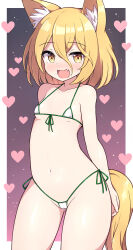 Rule 34 | 1girl, :d, animal ears, arched back, bare shoulders, bikini, blonde hair, blush, breasts, cleft of venus, collarbone, fang, fox ears, fox girl, fox tail, groin, hair between eyes, heart, highres, kudamaki tsukasa, light blush, looking at viewer, micro bikini, navel, open mouth, rizento, short hair, simple background, small breasts, smile, solo, stomach, swimsuit, tail, thighs, touhou, wavy mouth, yellow eyes