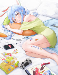 Rule 34 | 1girl, absurdres, animal ear fluff, animal ears, blue hair, braid, carrot hair ornament, carrot-shaped pillow, cellphone, controller, dualshock, food-themed hair ornament, food-themed pillow, game controller, gamepad, green shirt, hair ornament, highres, hololive, long hair, looking at viewer, lying, multicolored hair, no pants, non09 24, off shoulder, on bed, on side, orange eyes, overine19, phone, pillow, playstation controller, rabbit-shaped pupils, rabbit ears, rabbit girl, shirt, smartphone, solo, symbol-shaped pupils, thick eyebrows, twin braids, twintails, two-tone hair, usada pekora, virtual youtuber, white hair