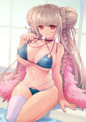 Rule 34 | 1girl, :o, azur lane, bare arms, bare shoulders, bikini, blue bikini, braid, breasts, chingisu, choker, cleavage, collarbone, double bun, feather boa, fingernails, formidable (azur lane), formidable (the lady of the beach) (azur lane), groin, hair bun, halterneck, hand up, large breasts, long hair, looking at viewer, navel, open mouth, pink choker, pulled by self, red eyes, rei no pool, silver hair, single thighhigh, sitting, skindentation, soaking feet, solo, strap pull, swimsuit, thighhighs, thighs, twin braids, underboob, very long hair, water, wet, white thighhighs