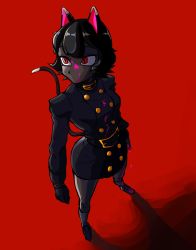 Rule 34 | 1girl, animal ears, black fur, black hair, bone nig, borrowed character, breasts, cat ears, cat girl, cat tail, flat color, frown, full body, furry, high collar, highres, looking at viewer, original, red background, red eyes, slit pupils, solo, tail